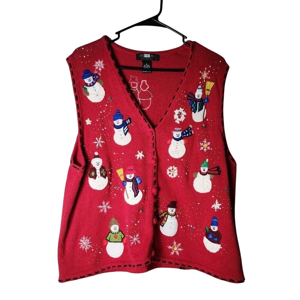 Vintage‎ Segue Snowman Sweater Vest Size XL Red Embroidered Christmas